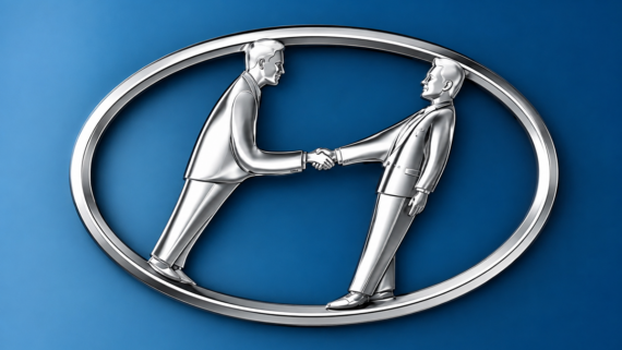 A silver emblem of two men in suits shaking hands, standing inside an oval frame, set against a blue background.