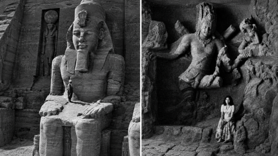 Left: A person stands on the foot of a giant ancient Egyptian statue. Right: A person sits beneath large stone carvings of deities on a temple wall. Both images are in black and white.