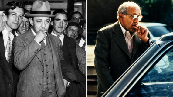 A black-and-white photo shows a man in a suit and hat biting his thumb, surrounded by others. A color photo shows an older man in glasses and a suit biting his thumb near a car. gangster, 1930s