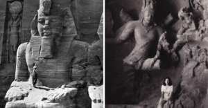 Side-by-side black and white photos: left, a person stands near a colossal ancient Egyptian statue; right, a person stands below a large carved stone Hindu figure.