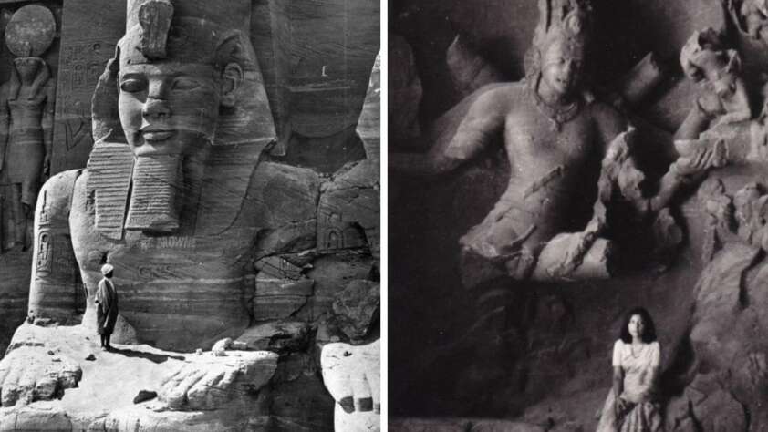 Side-by-side black and white photos: left, a person stands near a colossal ancient Egyptian statue; right, a person stands below a large carved stone Hindu figure.