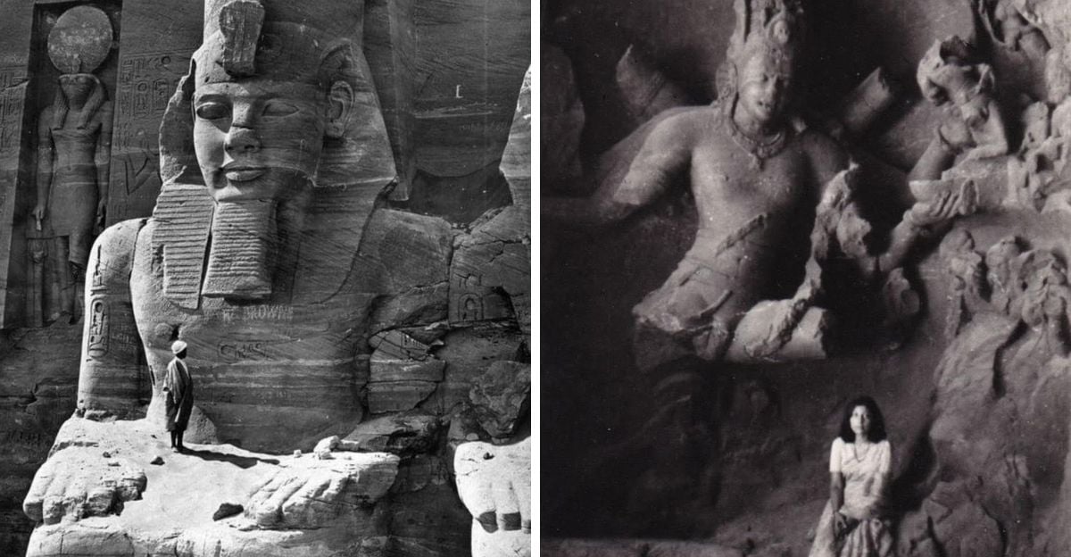 Side-by-side black and white photos: left, a person stands near a colossal ancient Egyptian statue; right, a person stands below a large carved stone Hindu figure.