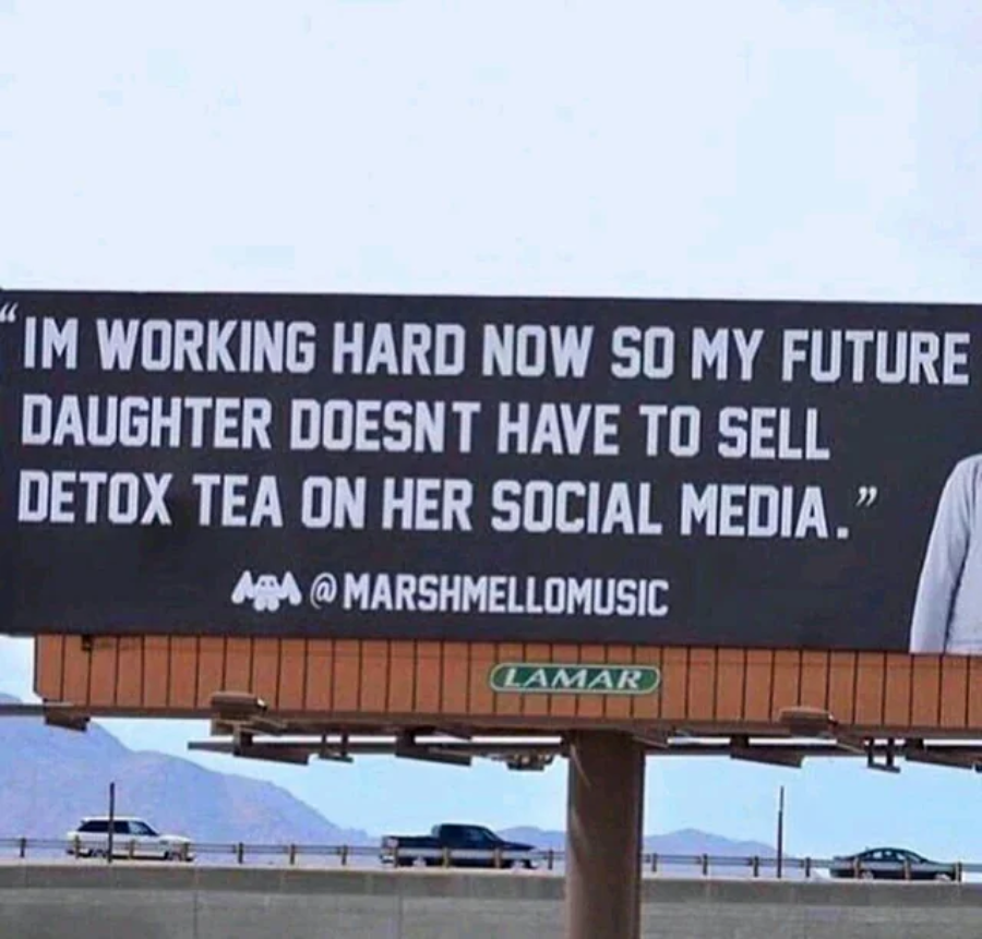 A billboard reads: "I’m working hard now so my future daughter doesn’t have to sell detox tea on her social media." Below is the handle @marshmellomusic. Mountains and sky are in the background.