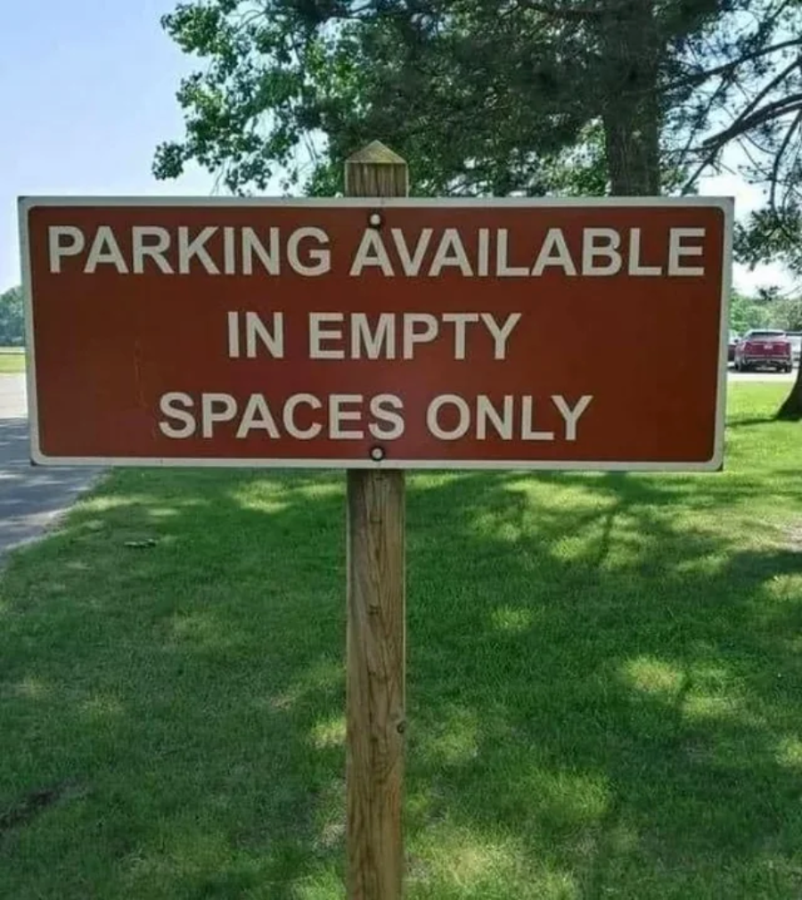 A brown sign reads "PARKING AVAILABLE IN EMPTY SPACES ONLY," standing on grass with trees and cars in the background.