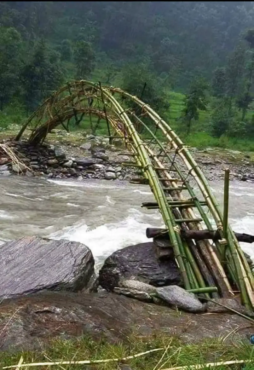 A narrow bamboo bridge with an arched design spans a fast-flowing river surrounded by rocks and lush green trees in a misty forest setting.