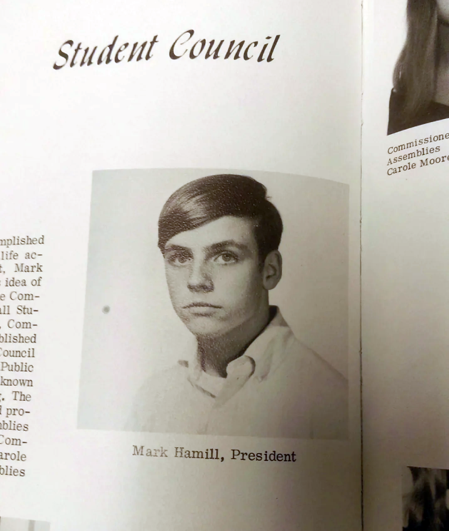 Black-and-white yearbook photo labeled "Student Council." A young man with neatly combed hair, wearing a collared shirt, is captioned "Mark Hamill, President." Text is partially visible on both sides.
