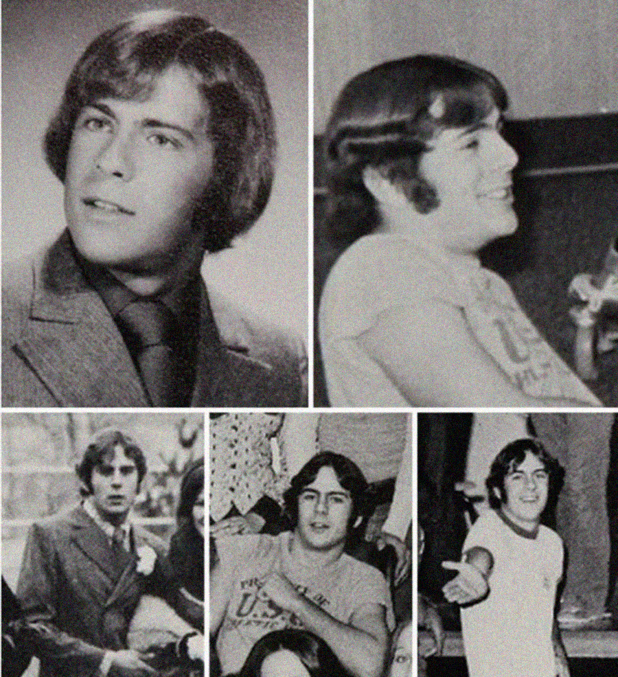 A collage of five vintage photos of a young man with medium-length brown hair, wearing both formal and casual outfits, showing him posing, smiling, and gesturing in different settings.