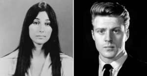 A split image shows a woman with long dark hair on the left and a man with neatly styled light hair in a suit and tie on the right, both in black and white portraits against plain backgrounds.