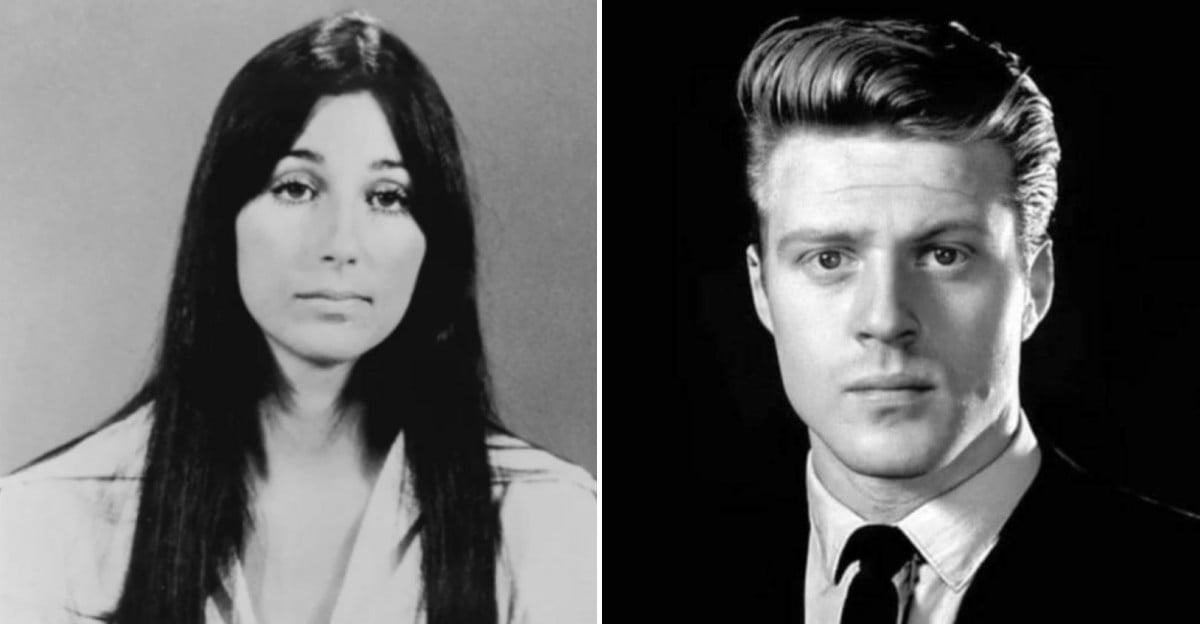 A split image shows a woman with long dark hair on the left and a man with neatly styled light hair in a suit and tie on the right, both in black and white portraits against plain backgrounds.