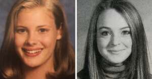 Side-by-side yearbook photos of two teenage girls. The left image is in color, showing a girl with shoulder-length hair and a wide smile. The right image is black and white, showing a girl with long hair and a slight smile.