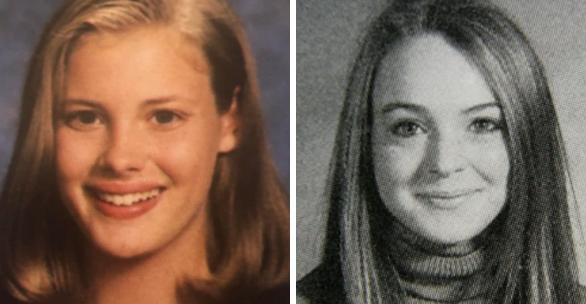 Side-by-side yearbook photos of two teenage girls. The left image is in color, showing a girl with shoulder-length hair and a wide smile. The right image is black and white, showing a girl with long hair and a slight smile.