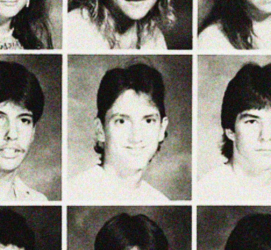 A grainy, black-and-white yearbook page showing headshots of teenagers with various hairstyles and expressions, arranged in a grid pattern.