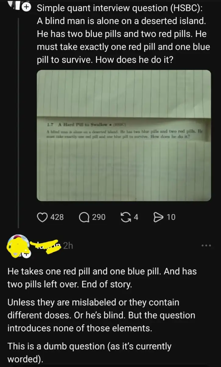 A screenshot of a Reddit post showing a math problem about a blind man taking pills, with a user comment pointing out flaws in the question’s logic. The post has 428 likes, 290 comments, and 4 shares.