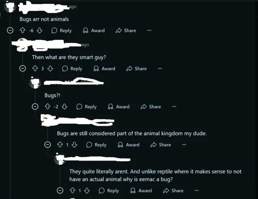 A screenshot of a social media comment thread discussing whether bugs are animals, with users debating and correcting each other about the classification of bugs and animals. Usernames and profile pictures are obscured.