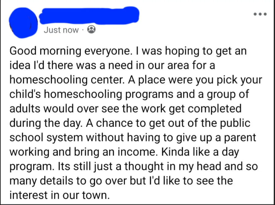 A Facebook post proposing a homeschooling center where adults supervise students during the day, allowing parents to work; the writer seeks community interest in the idea.