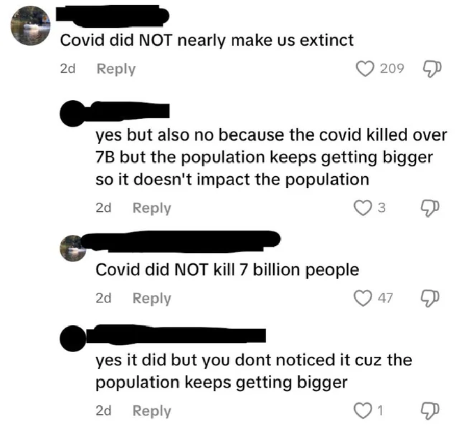 A screenshot of a social media comment thread debating COVID-19’s impact on the human population, with users discussing if COVID killed 7 billion people and arguing about population growth.