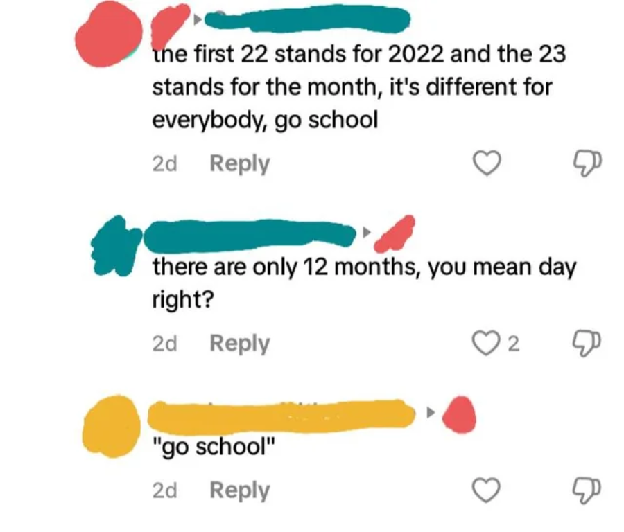 A social media thread where one person explains date notation incorrectly, another corrects them, and a third sarcastically repeats “go school.” Each comment is highlighted in different colors.