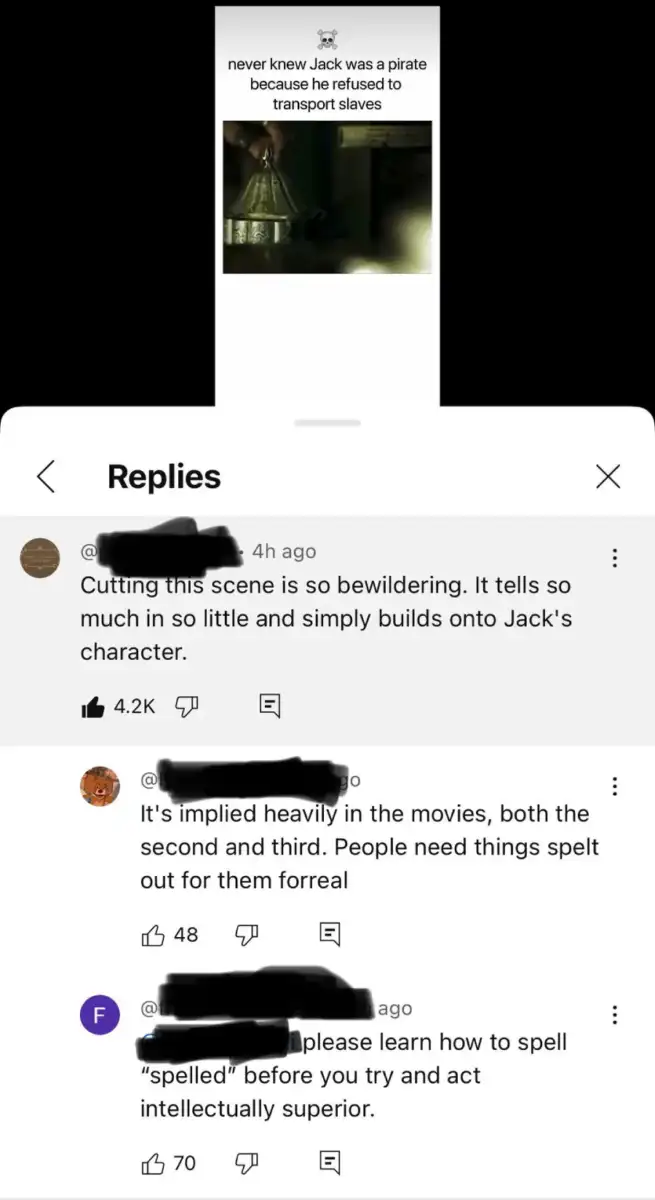 A social media thread shows a meme about a pirate refusing to transport slaves. Replies discuss the character's depth, with one correcting another's spelling of "spelled." Replies show likes and usernames are redacted.
