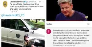 A meme features a tweet from Lawrence Police joking about someone vaping from a city water service vehicle, Gordon Ramsay reacting seriously, and a comment about eating spicy food without complaining.