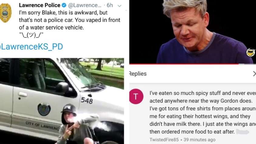A meme features a tweet from Lawrence Police joking about someone vaping from a city water service vehicle, Gordon Ramsay reacting seriously, and a comment about eating spicy food without complaining.