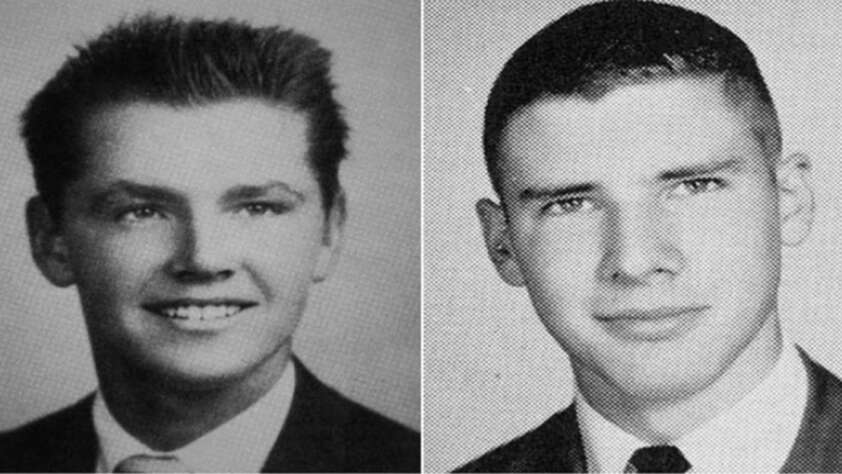 Two black-and-white yearbook portraits of young men in suits and ties, both with short, neatly styled hair, looking slightly off-camera and smiling softly.