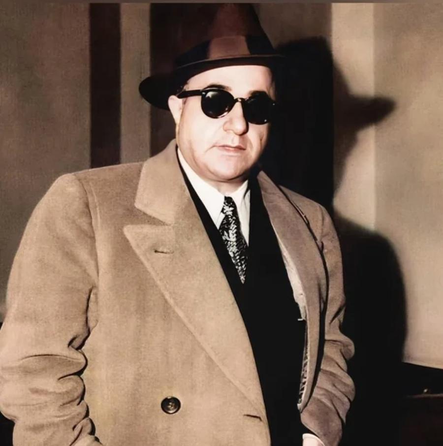 A man in a tan overcoat, dark tie, dark sunglasses, and a brown fedora hat stands indoors, looking forward with a neutral expression.