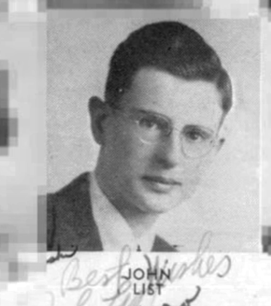 Black and white portrait of a young man with short dark hair, glasses, and a suit. The image appears to be a yearbook photo with the name "John List" and a signature visible below.