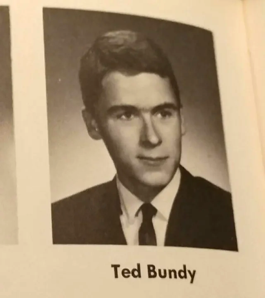 A black-and-white yearbook photo of a young man in a suit and tie, with short dark hair. The name "Ted Bundy" is printed below the portrait.