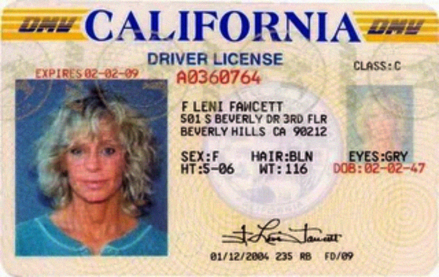 A California driver license featuring a headshot of a woman with blonde hair. The card displays personal details such as name, address, description, and license information.