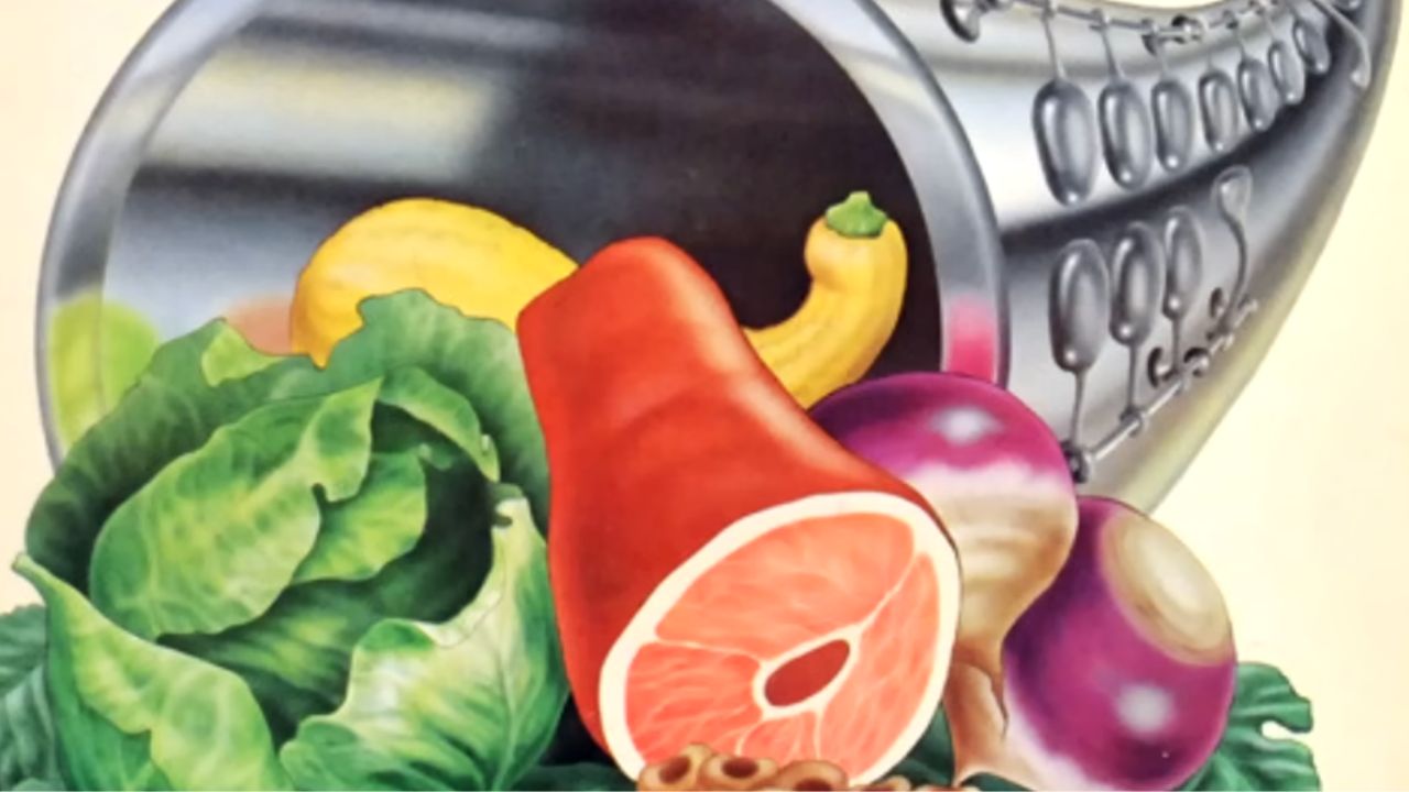 A colorful mix of lettuce, grapefruit, banana, turnips, and walnuts spills from a shiny metal grater on a light background.