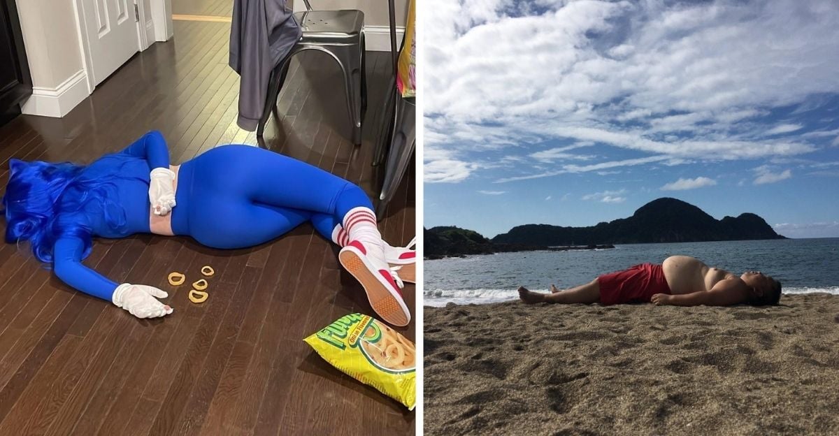 On the left, a person in a blue Sonic costume lies on the floor next to chips. On the right, a man lies on the sand at a beach with mountains and a partly cloudy sky in the background.
