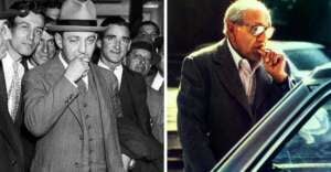Two photos side by side: on the left, a man in a suit and hat surrounded by people, holding his hand to his mouth; on the right, an older man in glasses and a suit making a similar gesture outdoors.