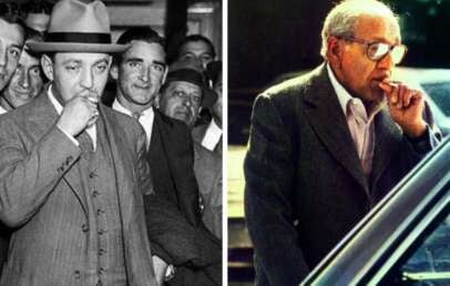 Two photos side by side: on the left, a man in a suit and hat surrounded by people, holding his hand to his mouth; on the right, an older man in glasses and a suit making a similar gesture outdoors.