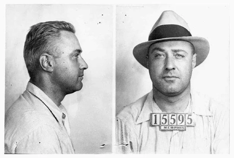 Mugshot photo of a man with short, light-colored hair, wearing a light striped shirt and a fedora hat, shown in both side and front views. The man holds a placard with the number 15595.