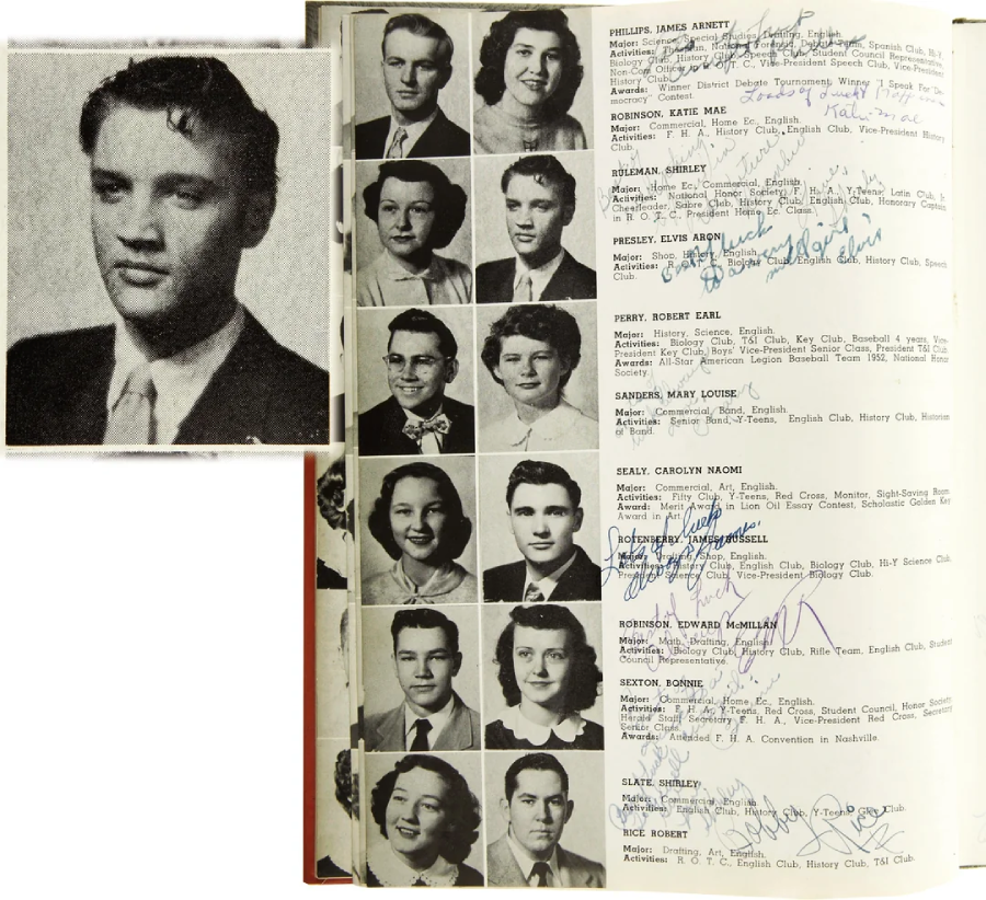 A high school yearbook page with black-and-white portraits and names of students, including a larger inset photo of a young man in a suit on the left. Many students' names have signatures next to them.