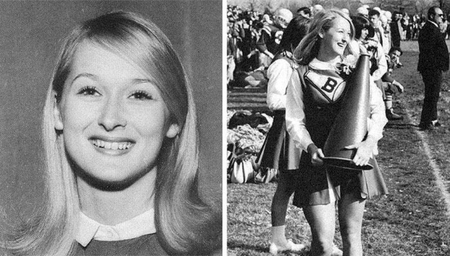 A black-and-white split image: Left shows a young woman with straight, light hair smiling at the camera. Right shows her as a cheerleader in uniform, holding a megaphone with a "B," standing on a sports field.