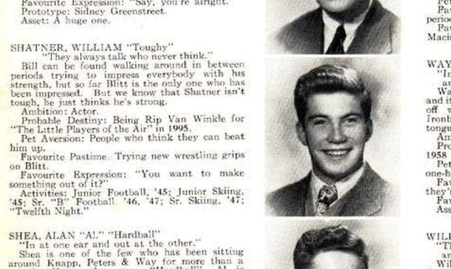 A vintage yearbook page with black-and-white headshots and short biographies of students, including William Shatner, featuring details about their ambitions, hobbies, and favorite quotes.