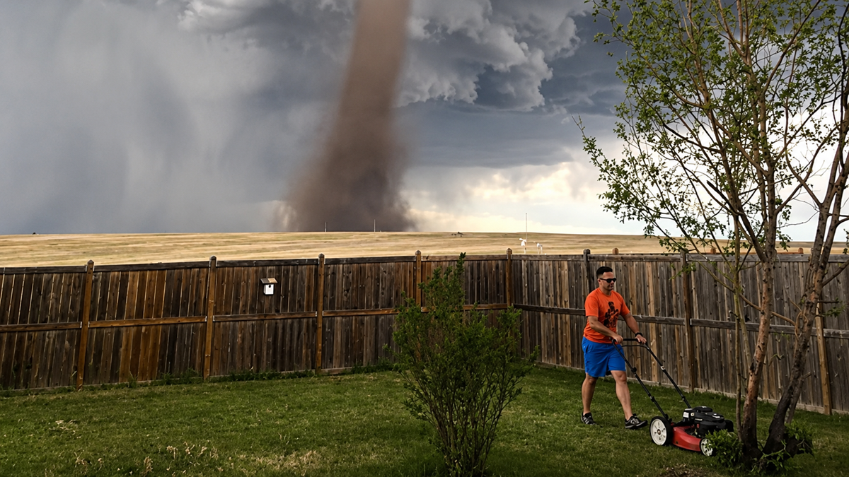 A man mows grass in his backyard as a large tornado spins in a field beyond a wooden fence, under dramatic, cloudy skies. online