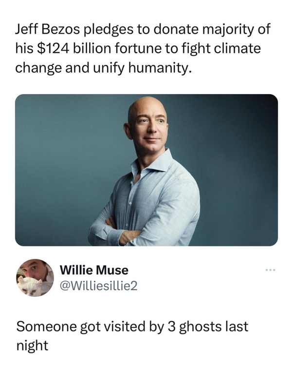 A tweet shows a headline about Jeff Bezos pledging most of his $124 billion fortune to fight climate change, with his photo above a tweet joking, "Someone got visited by 3 ghosts last night.