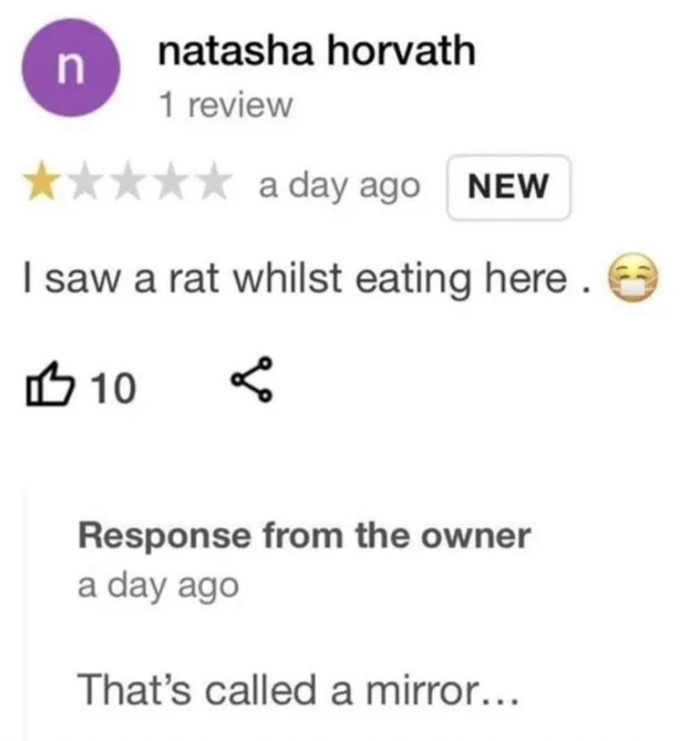 A one-star restaurant review says, "I saw a rat whilst eating here." The owner replies, "That's called a mirror," implying the customer was the rat. Ten people liked the review.
