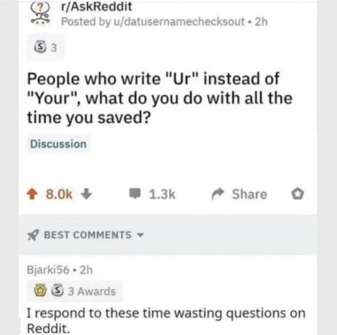 A Reddit post asks, "People who write 'Ur' instead of 'Your', what do you do with all the time you saved?" The top comment replies, "I respond to these time wasting questions on Reddit.