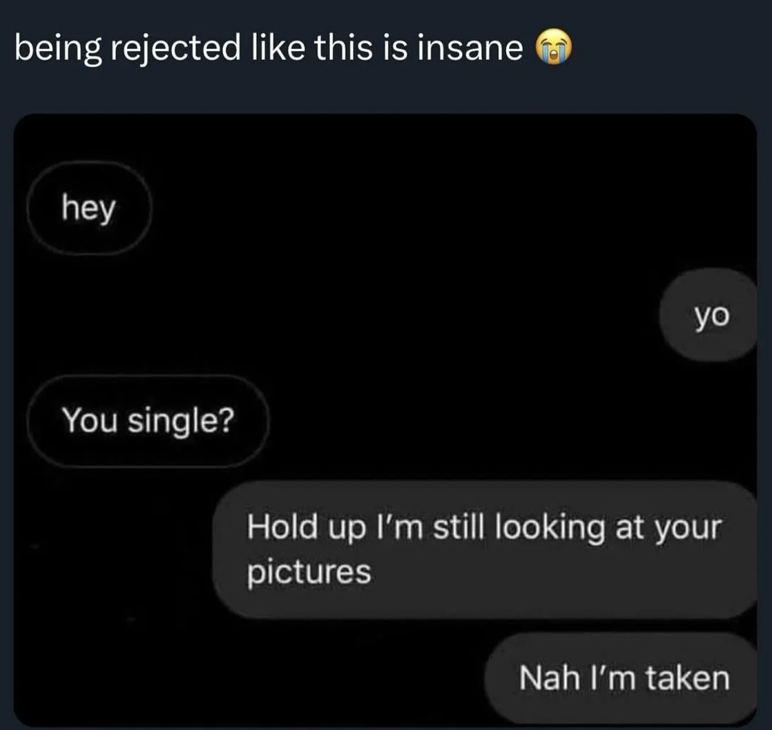 A text conversation where one person asks "You single?" and the other replies "Hold up I’m still looking at your pictures. Nah I’m taken." The caption above reads, "being rejected like this is insane 😭".