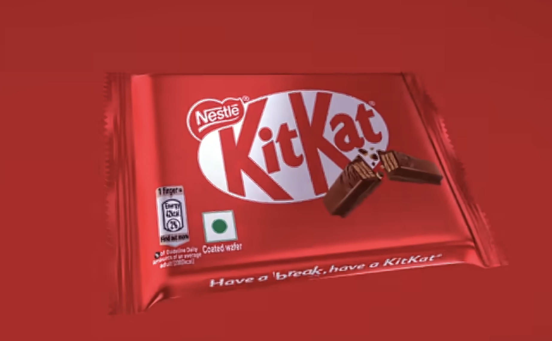 A red Nestlé KitKat chocolate bar wrapper featuring the logo, two chocolate fingers, and the slogan “Have a break, have a KitKat” on a matching red background.