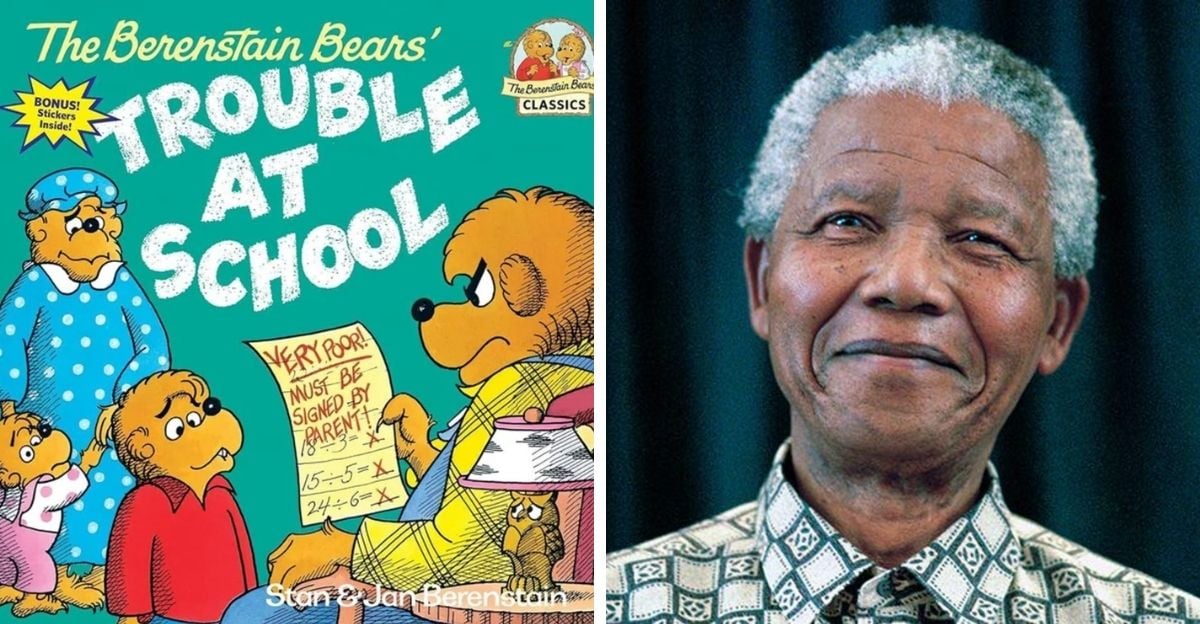 On the left, the cover of "The Berenstain Bears: Trouble at School" shows bear characters; on the right, an elderly man with gray hair, wearing a suit, smiles against a blue background.