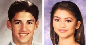 A split image of two high school yearbook photos: on the left, a young man with dark hair combed back, wearing a light-colored shirt; on the right, a young woman with straight brown hair, hoop earrings, and a slight smile.