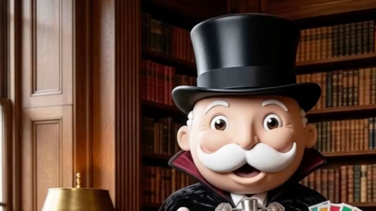 A person in a Monopoly-style costume with a black top hat and white mustache holds game cards, standing in a wood-paneled room with bookshelves and a lamp.