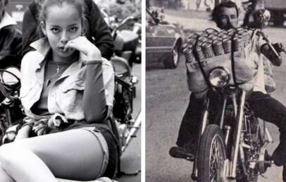 A split image: On the left, a woman sits on a motorcycle, looking at the camera with her hand near her mouth. On the right, a man rides a motorcycle carrying many cans stacked on the back. Both images are in black and white.
