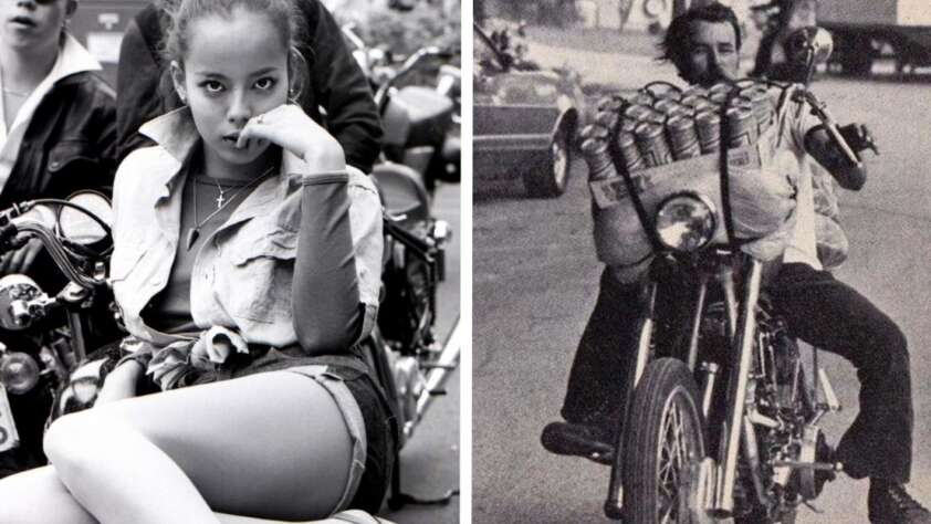 A split image: On the left, a woman sits on a motorcycle, looking at the camera with her hand near her mouth. On the right, a man rides a motorcycle carrying many cans stacked on the back. Both images are in black and white.