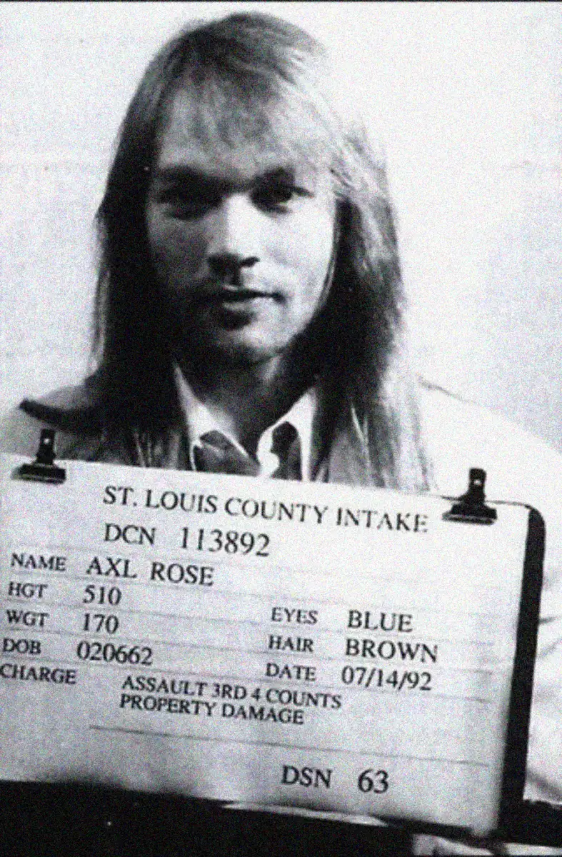 Black and white mugshot of a man with long, light hair holding a sign that reads "St. Louis County Intake." The name on the sign is Axl Rose, with personal details and charges listed.