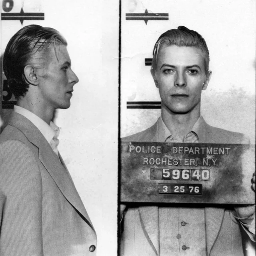 Black and white mugshot showing a man in a suit with slicked-back hair, photographed from the side and front, holding a sign that reads "Police Department Rochester, N.Y. 3 25 76.